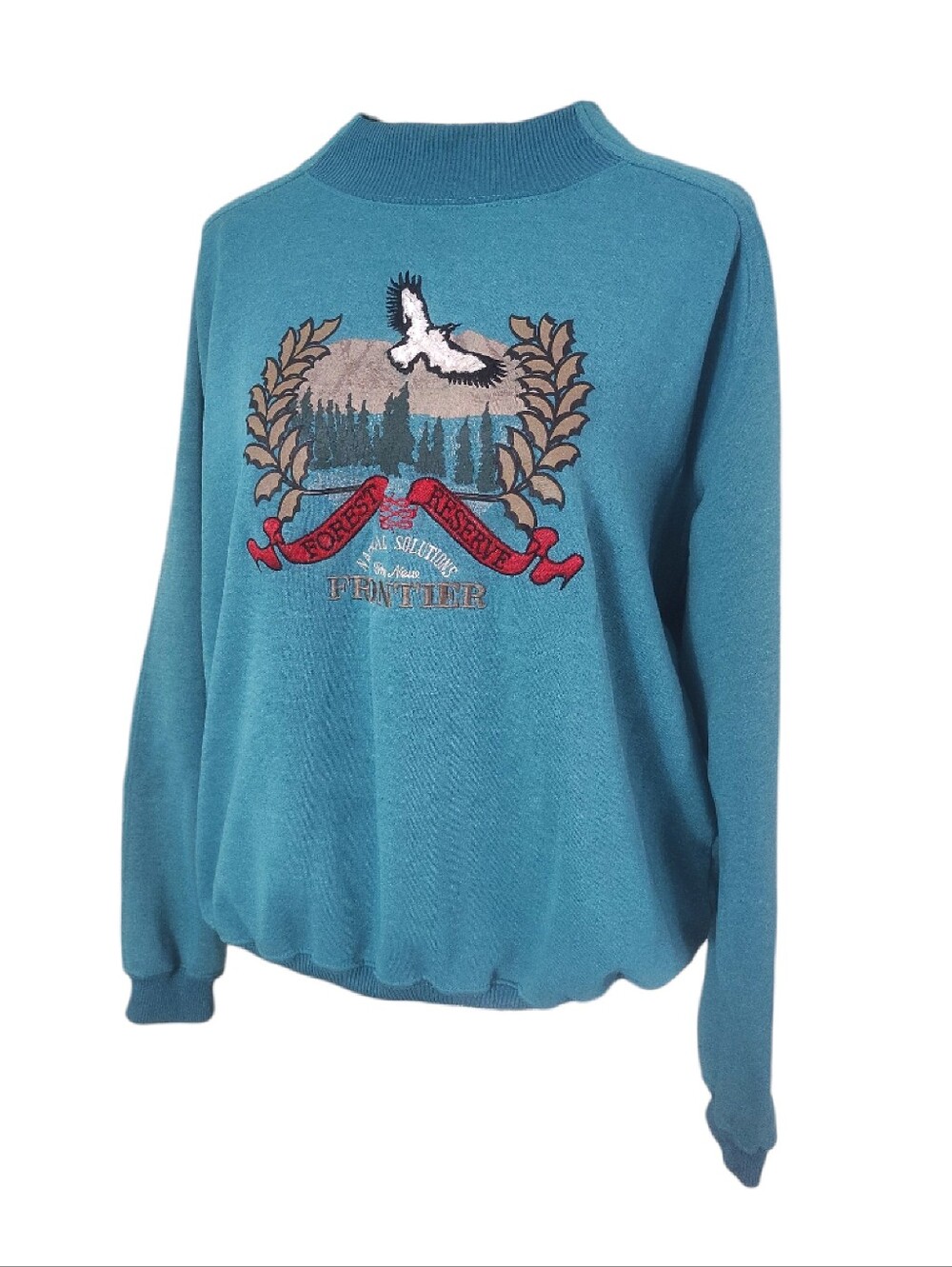 VTG 90s Teal Forest Reserve Frontier Crew Pullover Sweatshirt Large Embroidered